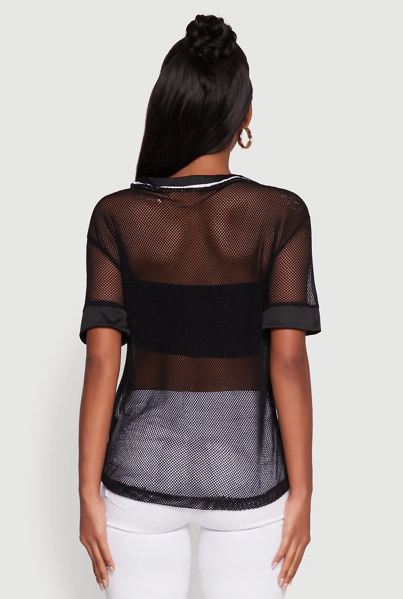 Womens Fishnet Boss Graphic Baseball Shirt, Black, Size M