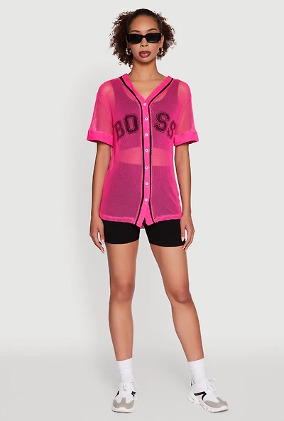 Womens Fishnet Boss Graphic Baseball Shirt,
