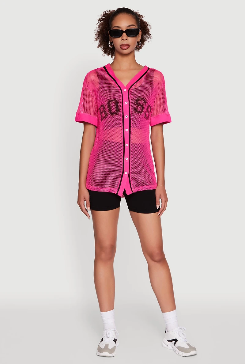 Womens Fishnet Boss Graphic Baseball Shirt, Pink,