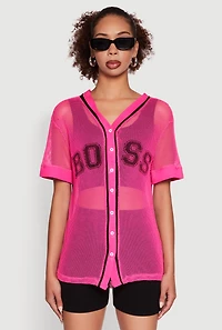 Womens Fishnet Boss Graphic Baseball Shirt, Pink, Size M