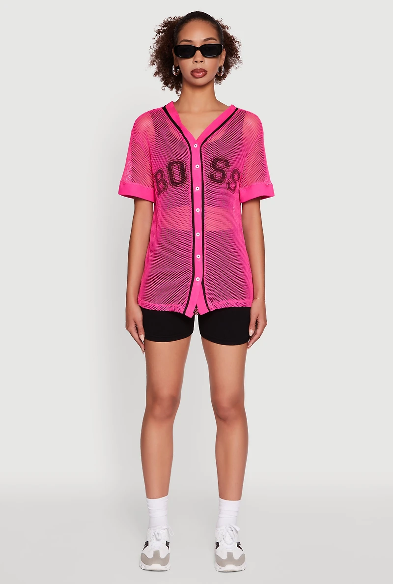 Womens Fishnet Boss Graphic Baseball Shirt, Pink, Size M