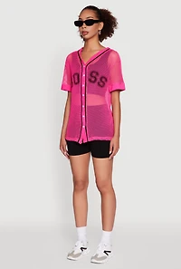 Womens Fishnet Boss Graphic Baseball Shirt, Pink, Size M