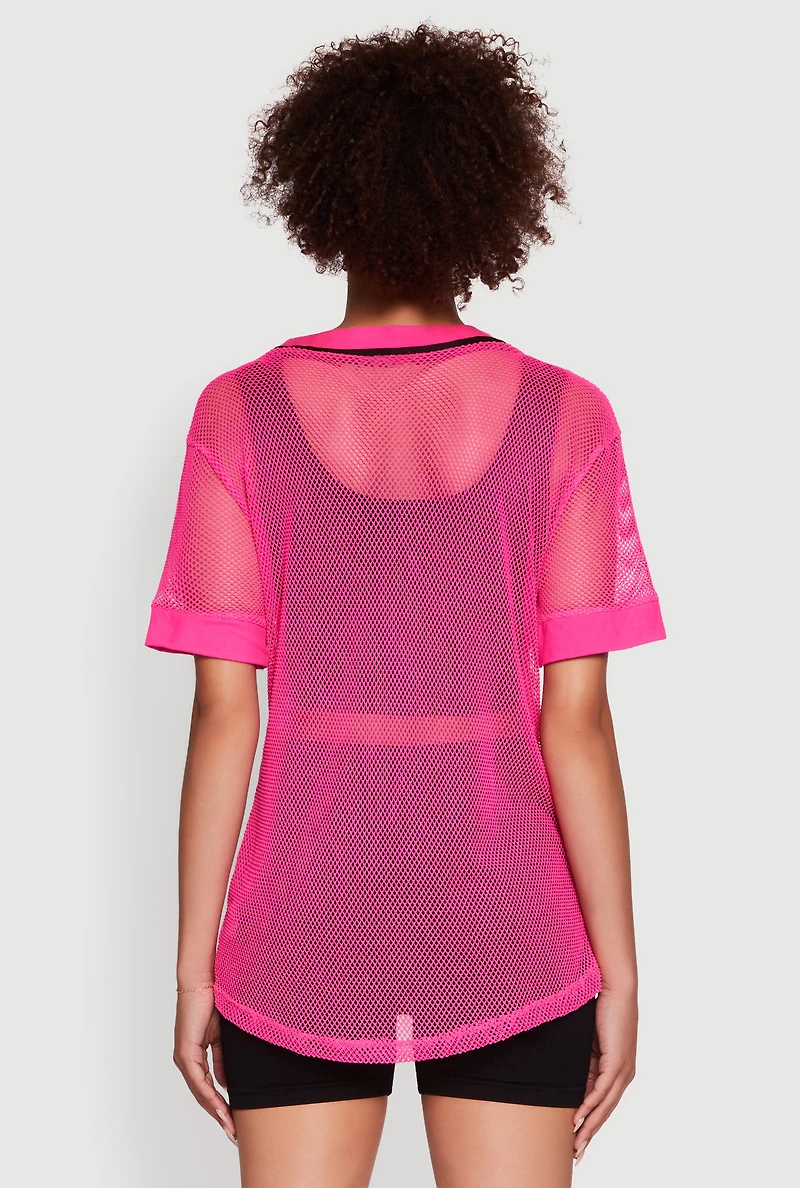 Womens Fishnet Boss Graphic Baseball Shirt, Pink, Size M