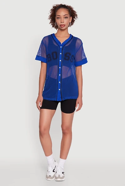 Womens Fishnet Boss Graphic Baseball Shirt, Blue, Size L