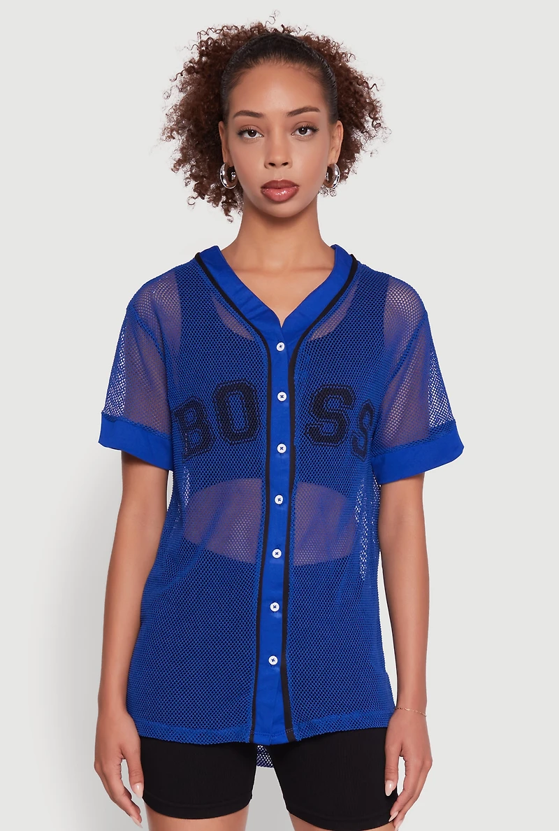 Womens Fishnet Boss Graphic Baseball Shirt, Blue, Size L