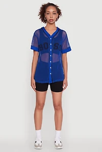 Womens Fishnet Boss Graphic Baseball Shirt, Blue, Size L