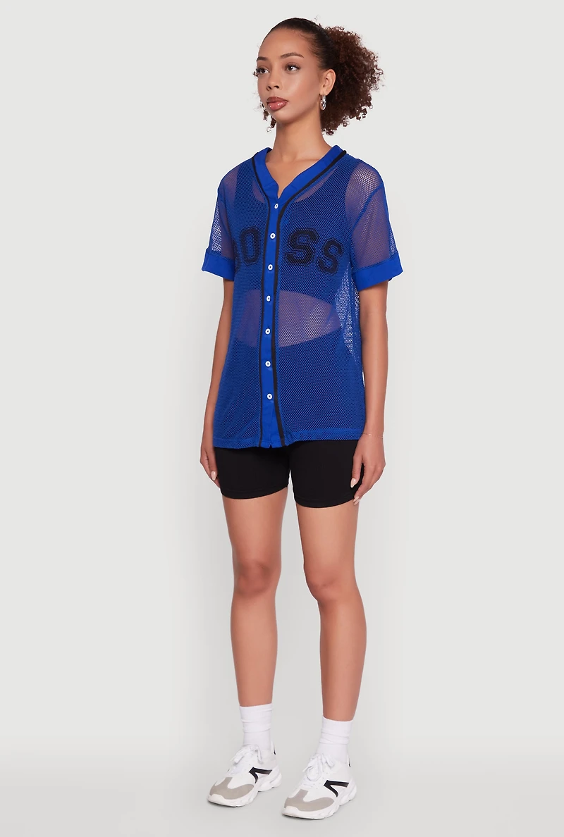 Womens Fishnet Boss Graphic Baseball Shirt, Blue, Size L