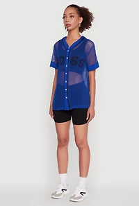 Womens Fishnet Boss Graphic Baseball Shirt, Blue, Size L