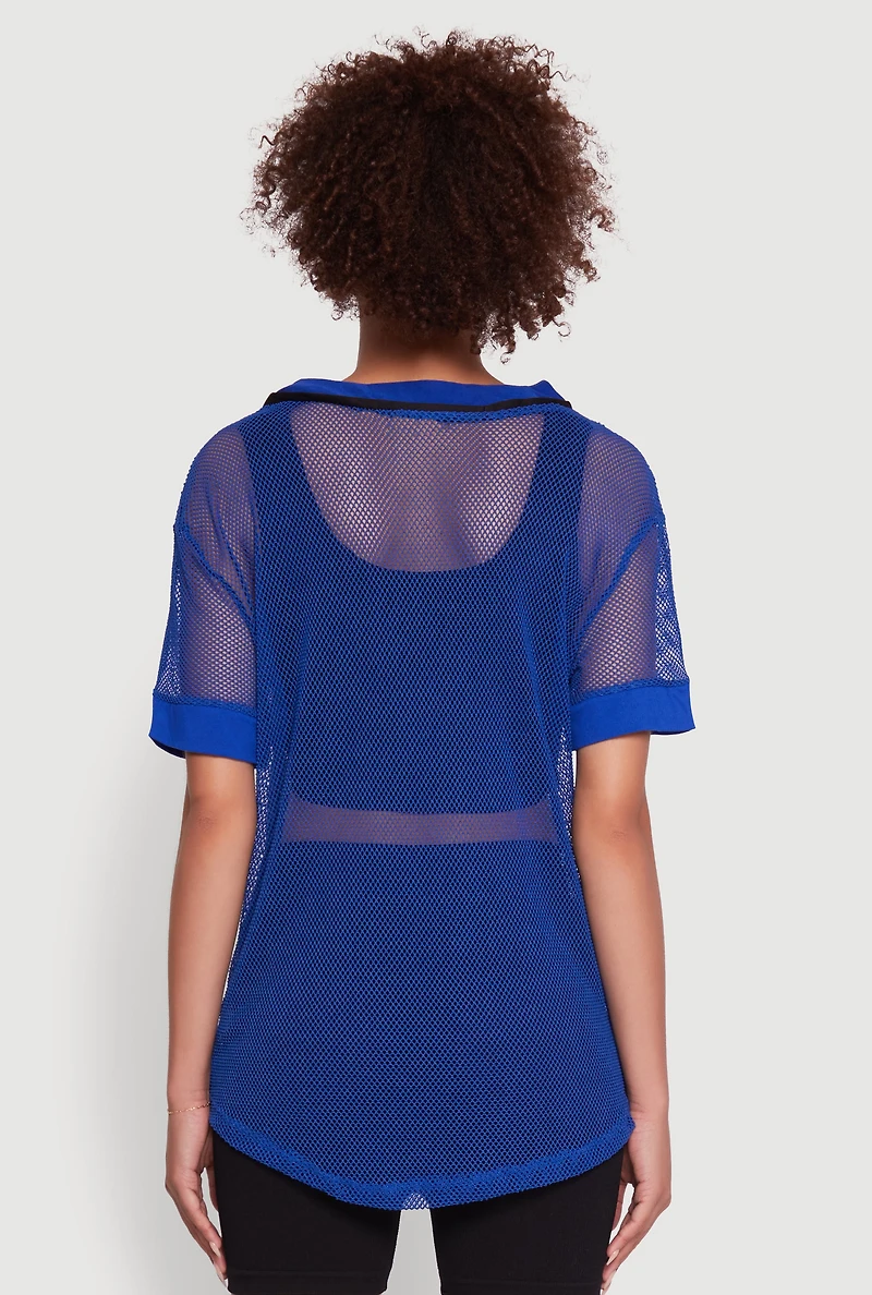 Womens Fishnet Boss Graphic Baseball Shirt, Blue, Size L