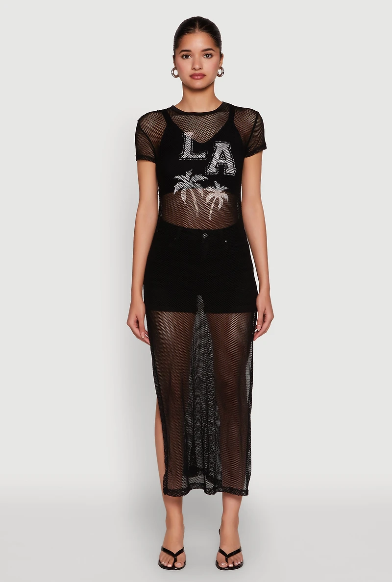 Womens Fishnet LA Graphic Side Slit Maxi Top,