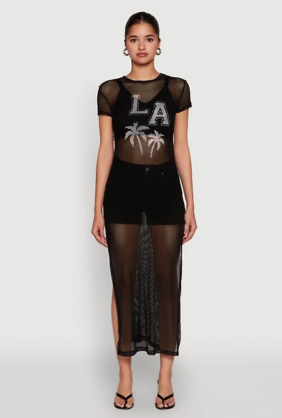 Womens Fishnet LA Graphic Side Slit Maxi Top,