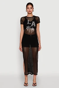 Womens Fishnet LA Graphic Side Slit Maxi Top,