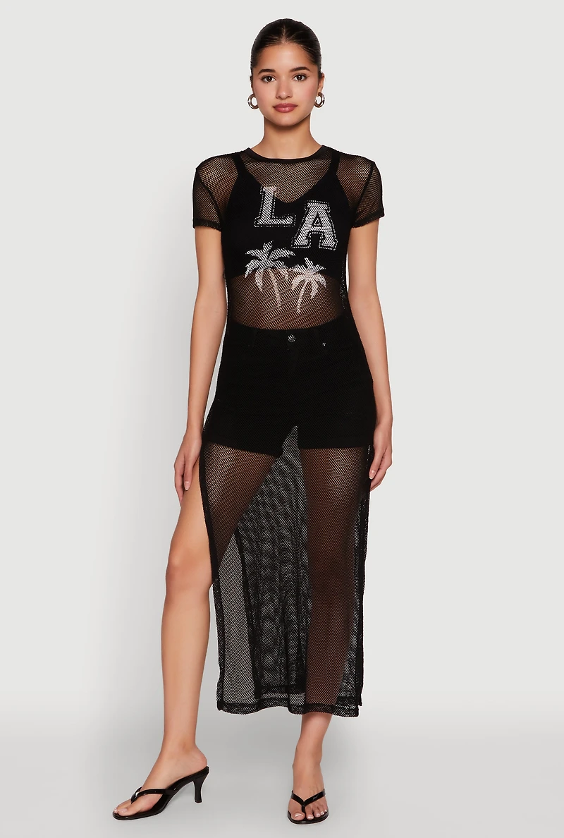 Womens Fishnet LA Graphic Side Slit Maxi Top,