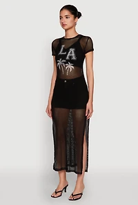 Womens Fishnet LA Graphic Side Slit Maxi Top,