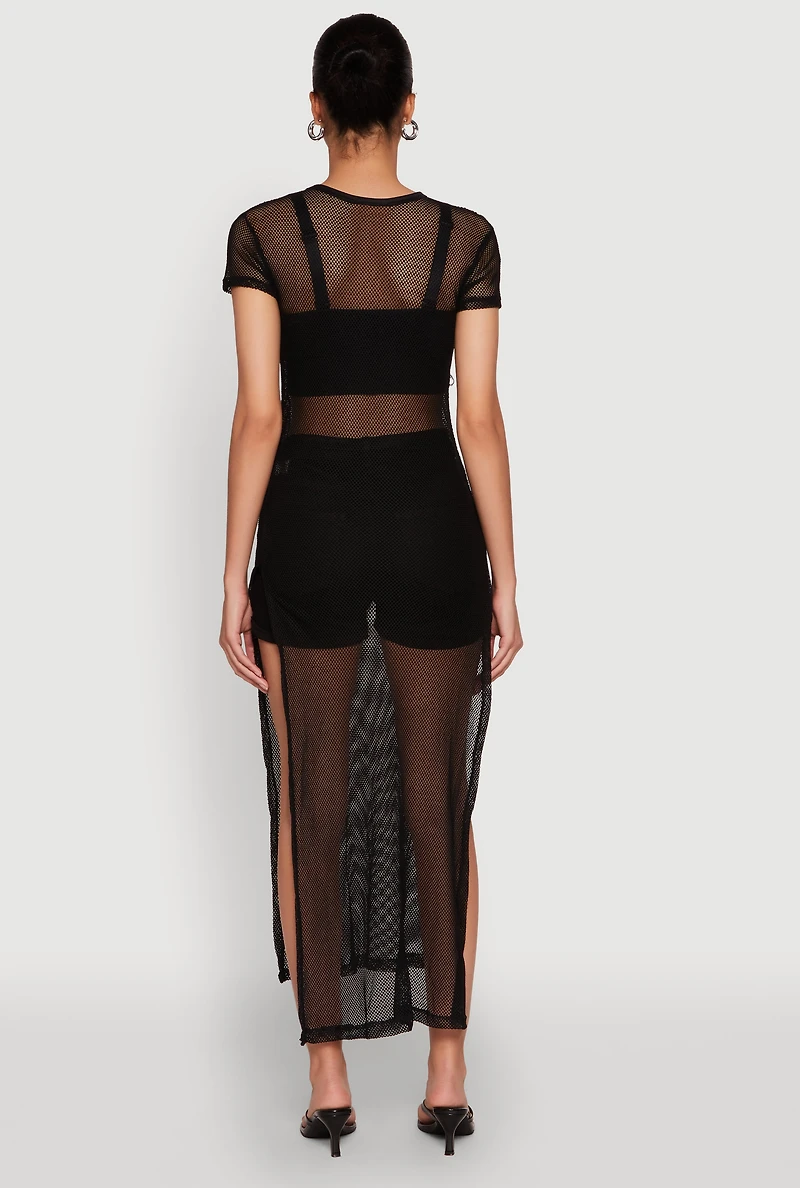 Womens Fishnet LA Graphic Side Slit Maxi Top,