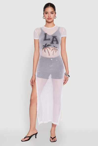 Womens Fishnet LA Graphic Side Slit Maxi Top, White,