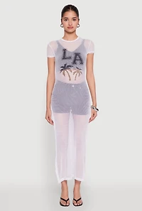 Womens Fishnet LA Graphic Side Slit Maxi Top, White,