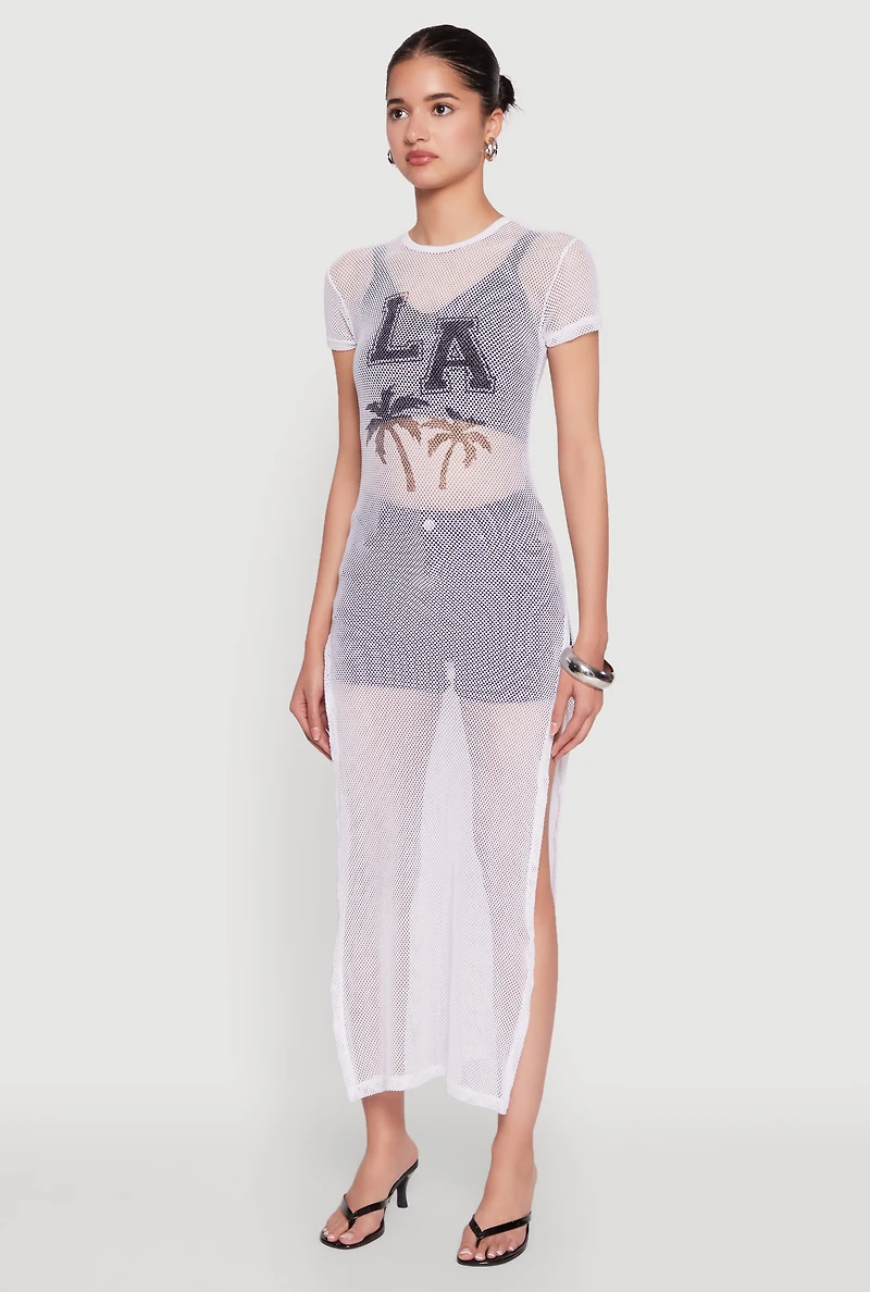 Womens Fishnet LA Graphic Side Slit Maxi Top, White,
