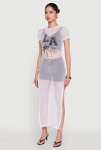 Womens Fishnet LA Graphic Side Slit Maxi Top, White,