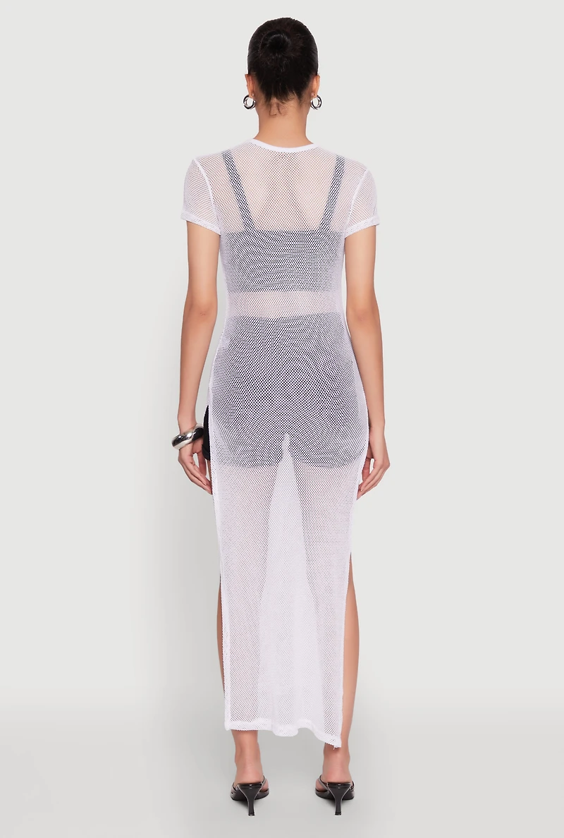 Womens Fishnet LA Graphic Side Slit Maxi Top, White,