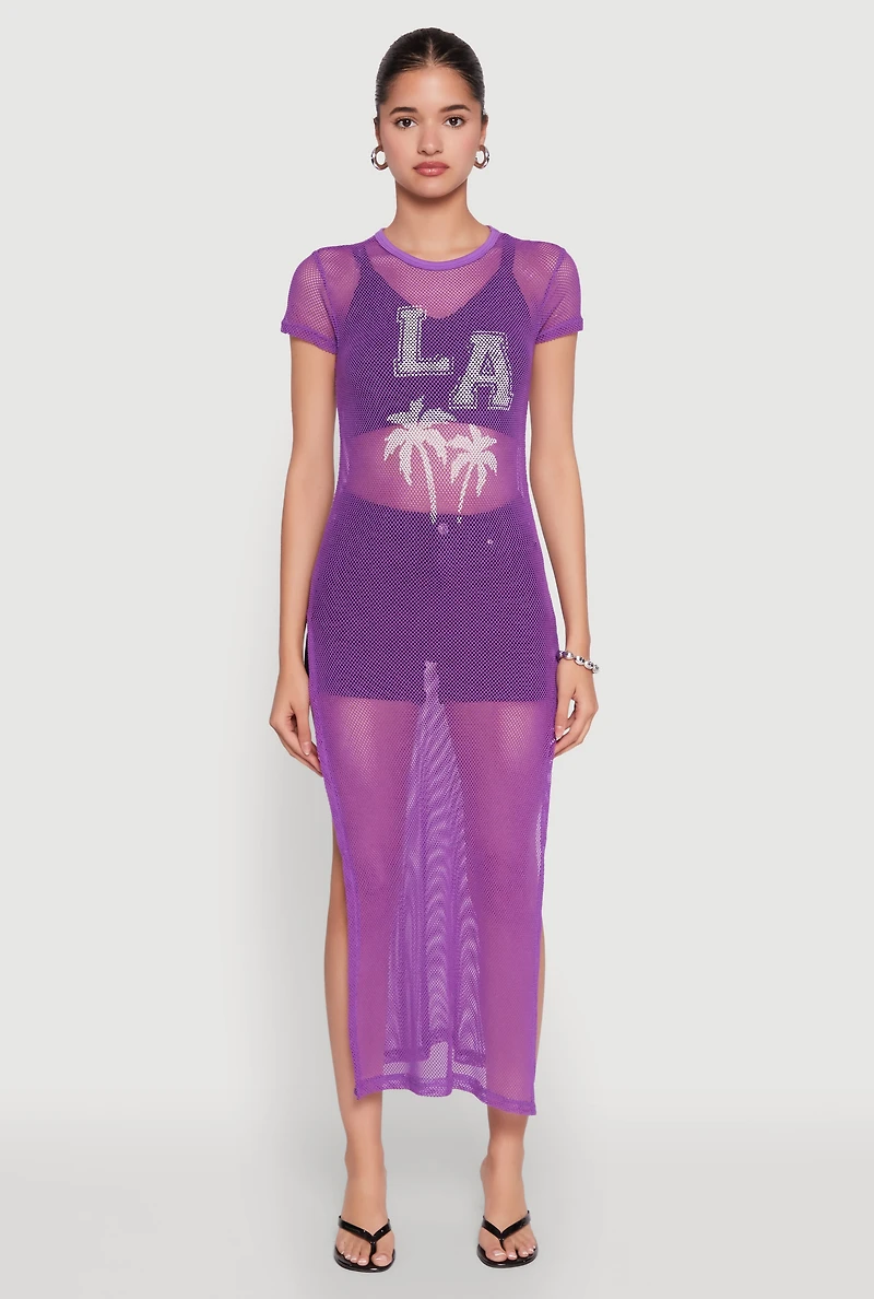 Womens Fishnet LA Graphic Side Slit Maxi Top, Purple, Size M