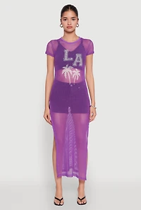 Womens Fishnet LA Graphic Side Slit Maxi Top, Purple, Size M