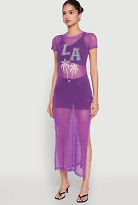 Womens Fishnet LA Graphic Side Slit Maxi Top, Purple,