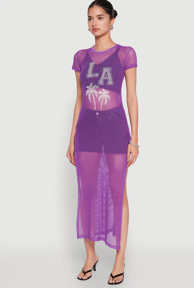 Womens Fishnet LA Graphic Side Slit Maxi Top, Purple, Size M