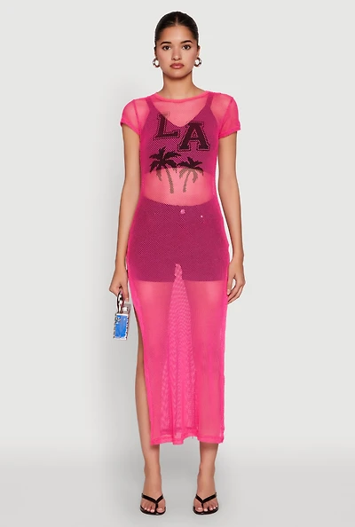 Womens Fishnet LA Graphic Side Slit Maxi Top, Pink, Size M