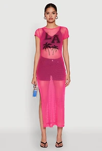 Womens Fishnet LA Graphic Side Slit Maxi Top, Pink, Size M