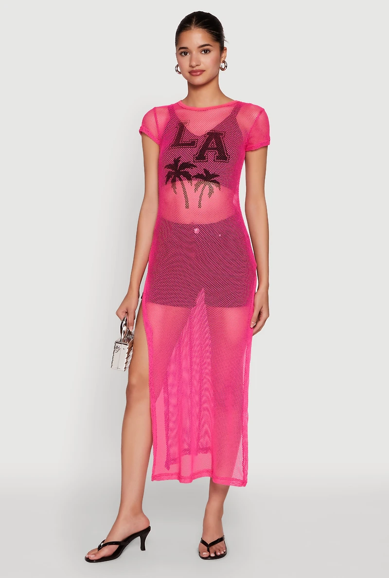 Womens Fishnet LA Graphic Side Slit Maxi Top, Pink, Size M