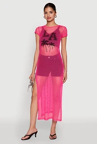 Womens Fishnet LA Graphic Side Slit Maxi Top, Pink, Size M