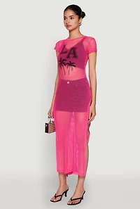 Womens Fishnet LA Graphic Side Slit Maxi Top, Pink, Size M