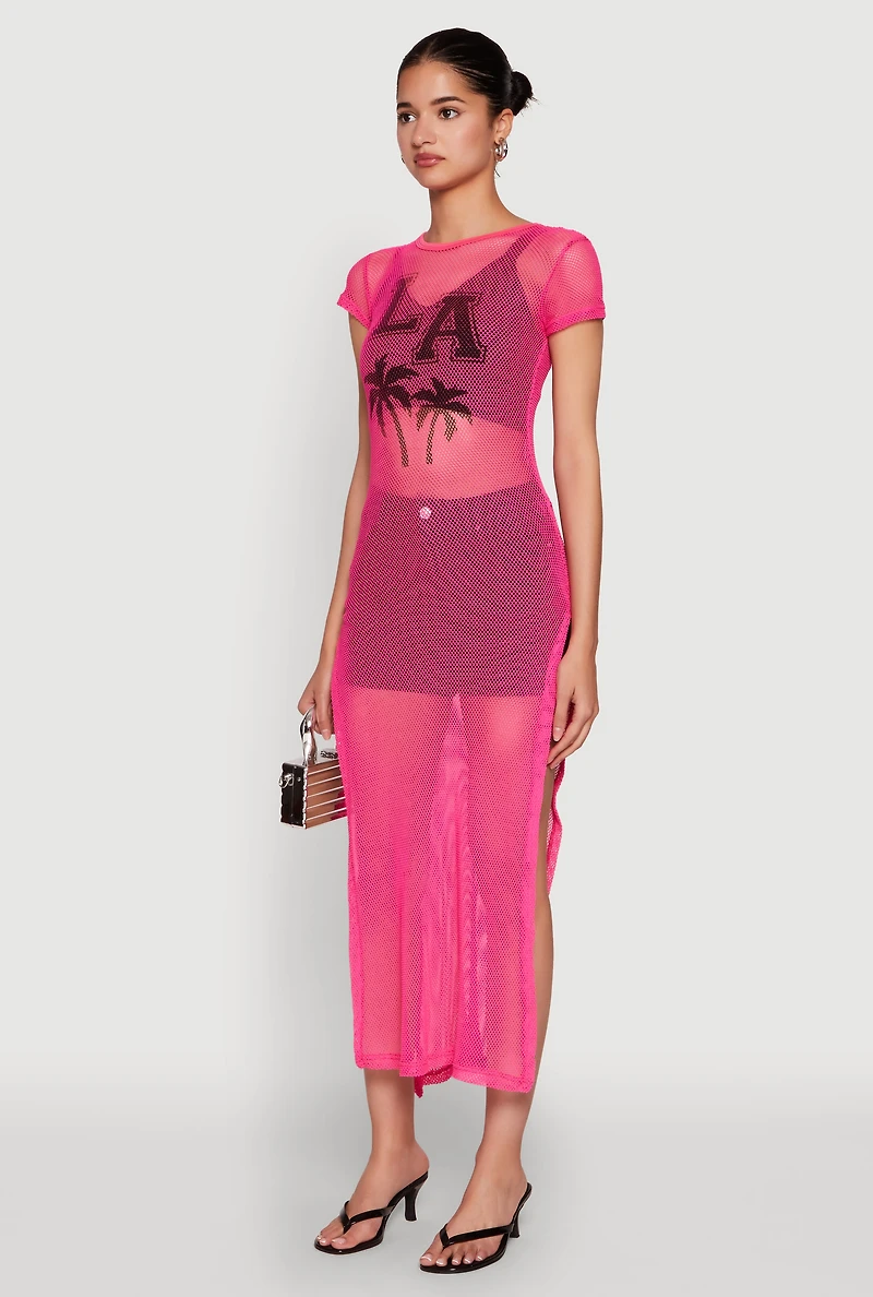 Womens Fishnet LA Graphic Side Slit Maxi Top, Pink, Size S