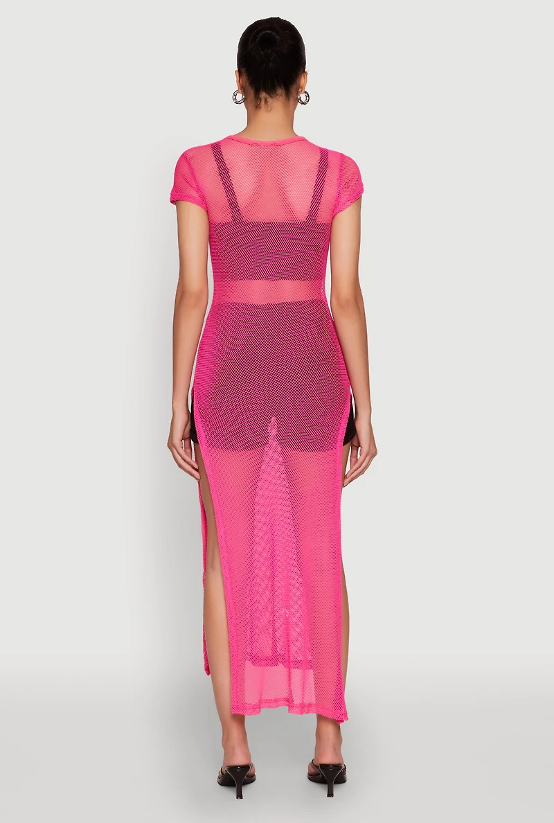 Womens Fishnet LA Graphic Side Slit Maxi Top, Pink, Size M