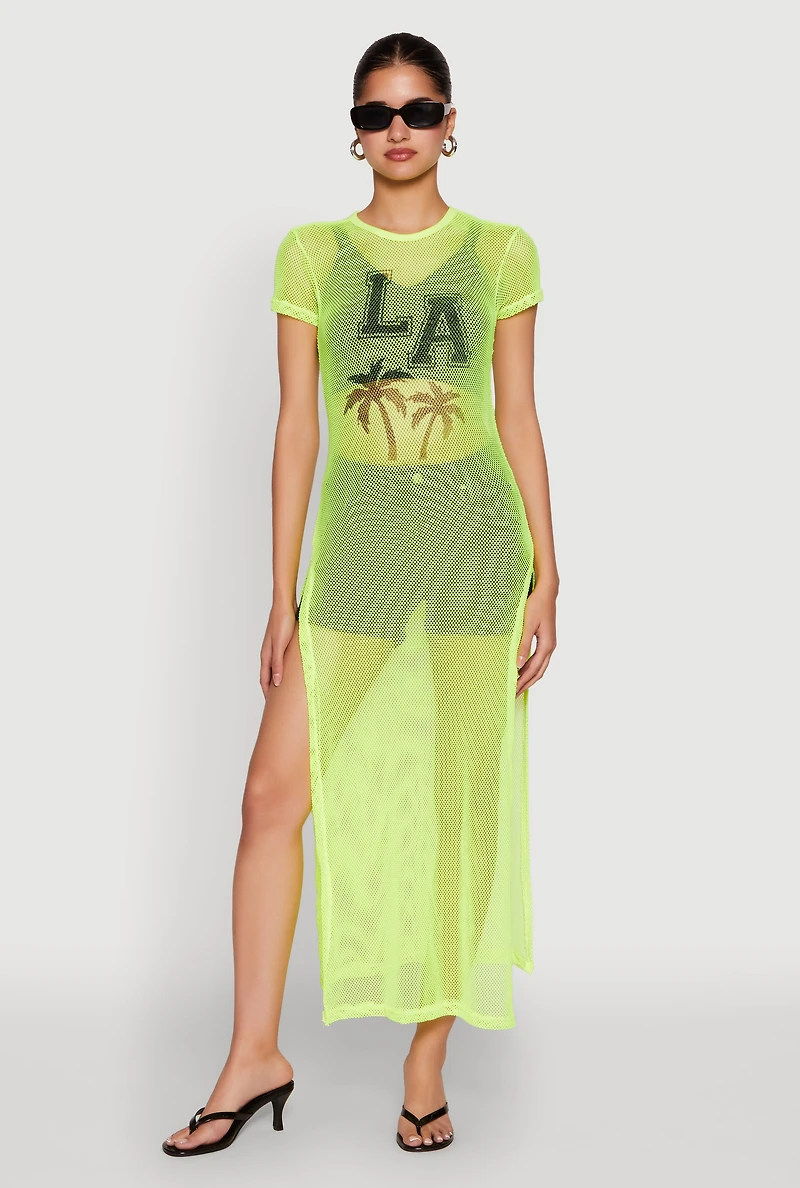 Womens Fishnet LA Graphic Side Slit Maxi Top, Green, Size S