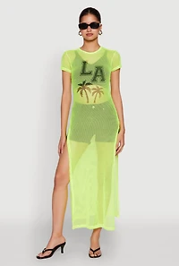 Womens Fishnet LA Graphic Side Slit Maxi Top, Green, Size S