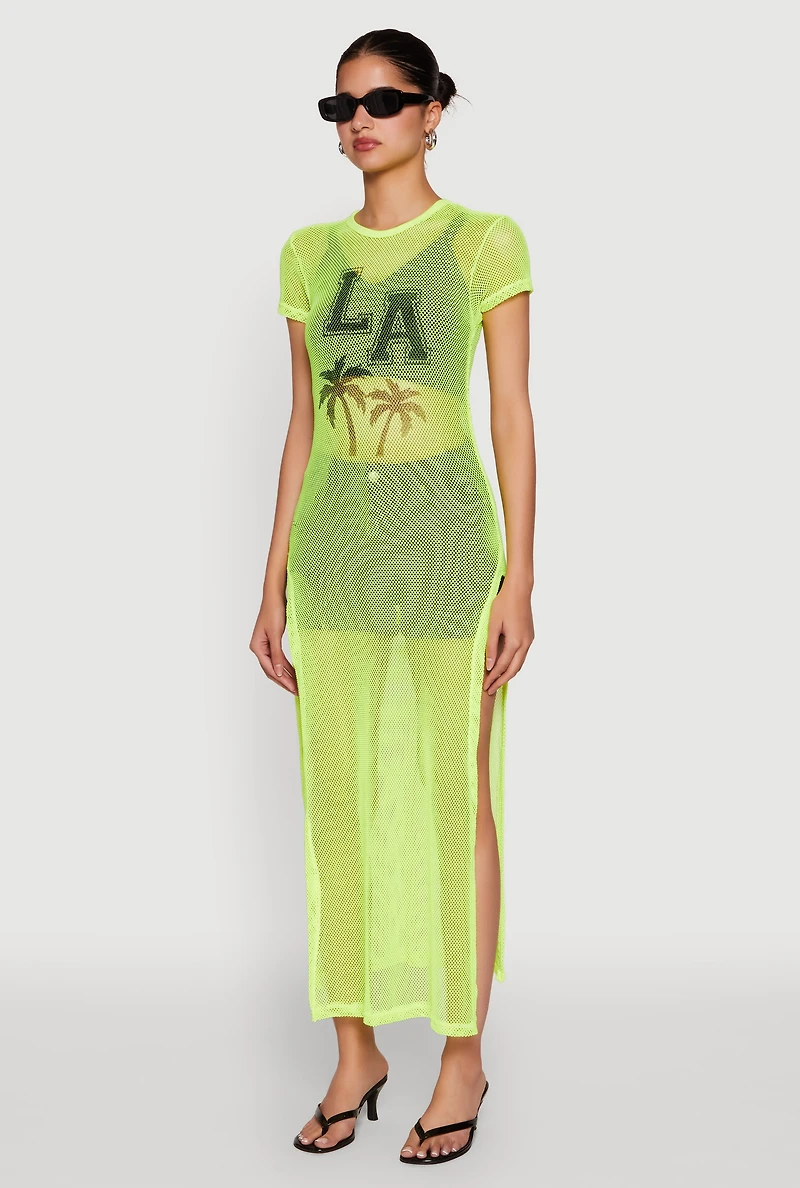 Womens Fishnet LA Graphic Side Slit Maxi Top, Green, Size S