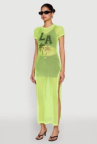 Womens Fishnet LA Graphic Side Slit Maxi Top, Green, Size S