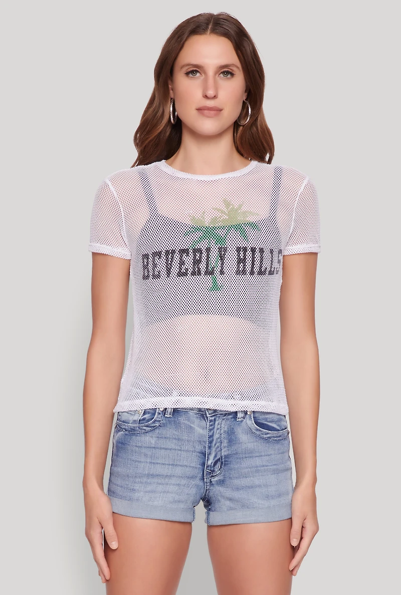 Womens Beverly Hills Fishnet Top, White, Size L