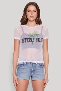 Womens Beverly Hills Fishnet Top, White, Size L