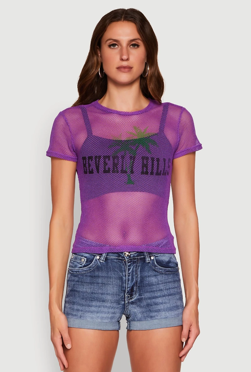 Womens Beverly Hills Fishnet Top, Purple, Size M