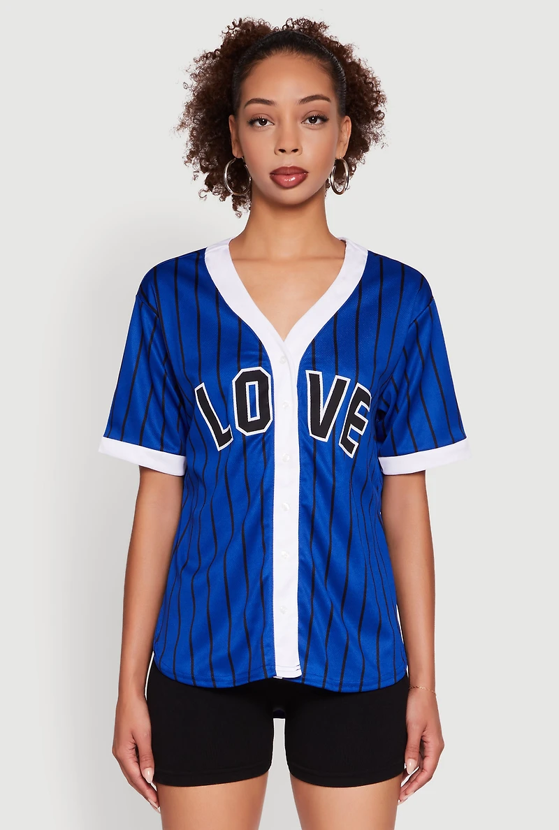 Womens Trendy Striped Love Graphic Baseball Jersey, L