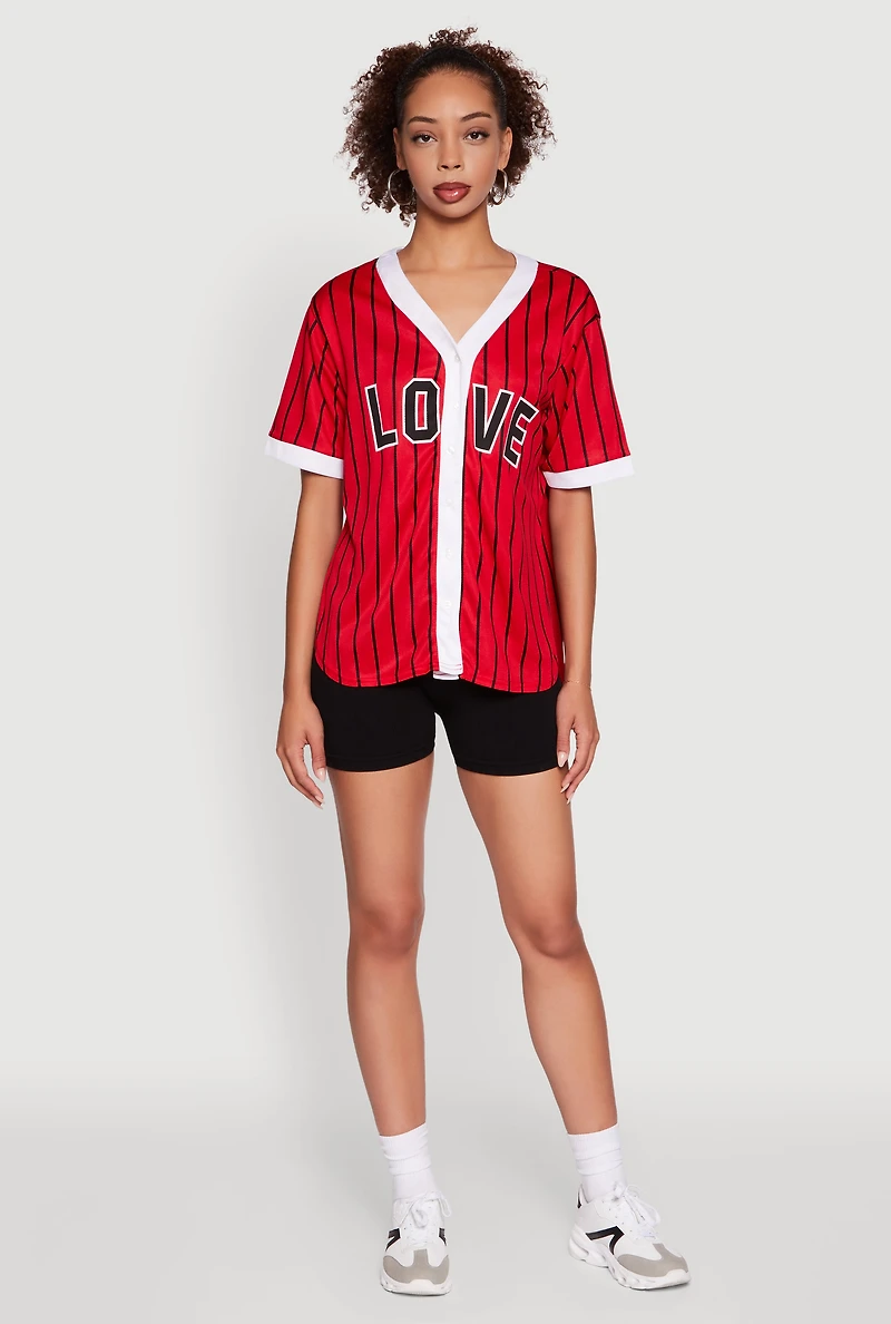 Womens Trendy Striped Love Graphic Baseball Jersey, Red, Size L