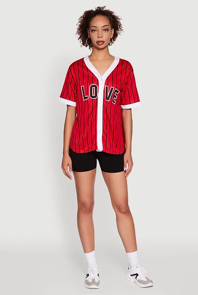 Womens Trendy Striped Love Graphic Baseball Jersey, Red, Size L