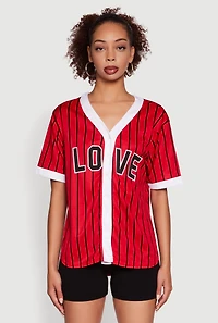 Womens Trendy Striped Love Graphic Baseball Jersey, Red, Size L