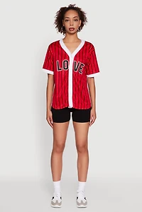 Womens Trendy Striped Love Graphic Baseball Jersey, Red, Size L