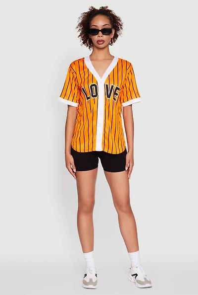 Womens Trendy Striped Love Graphic Baseball Jersey, Orange,