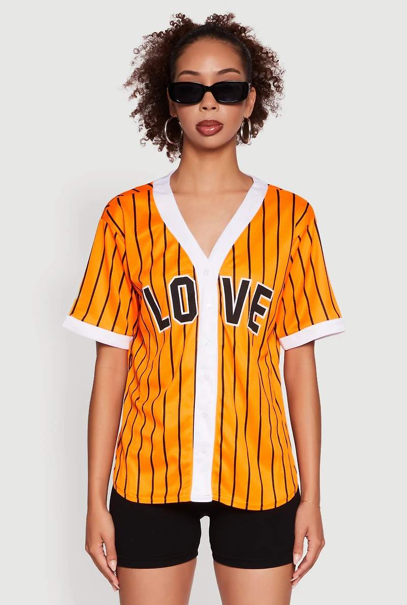 Womens Trendy Striped Love Graphic Baseball Jersey, Orange,