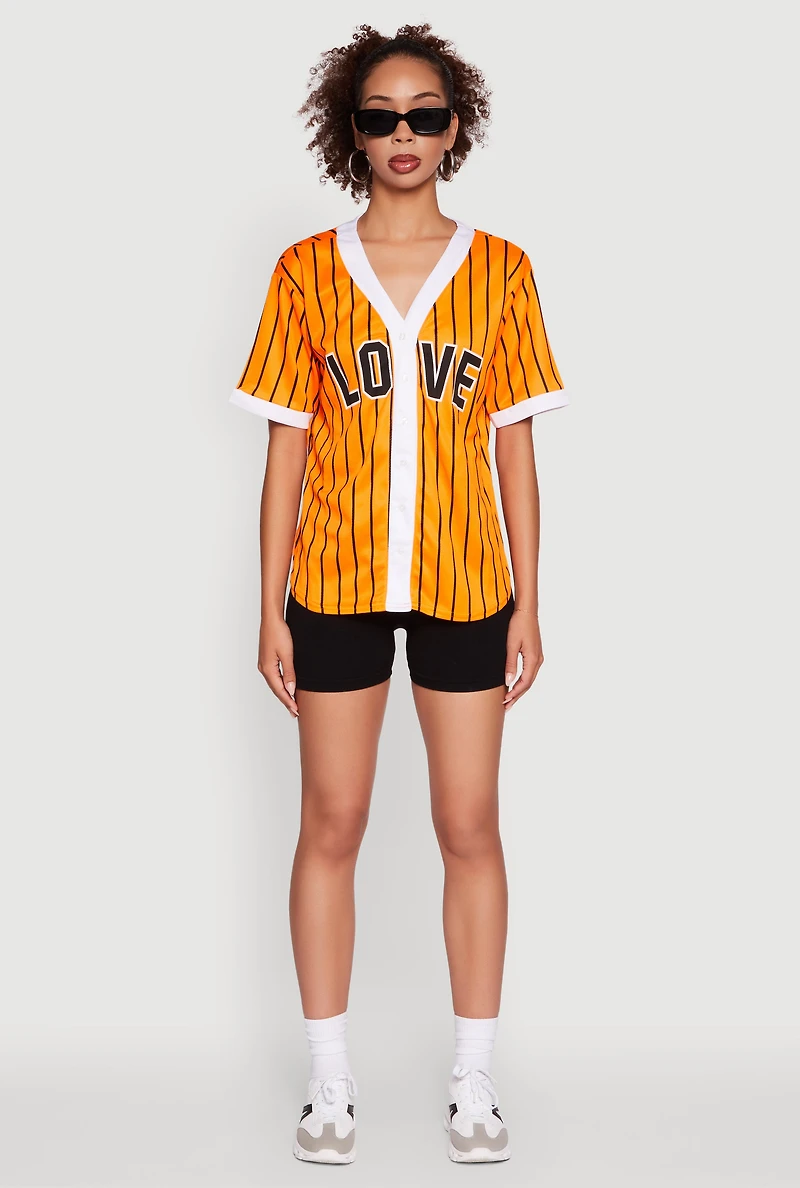 Womens Trendy Striped Love Graphic Baseball Jersey, Orange,